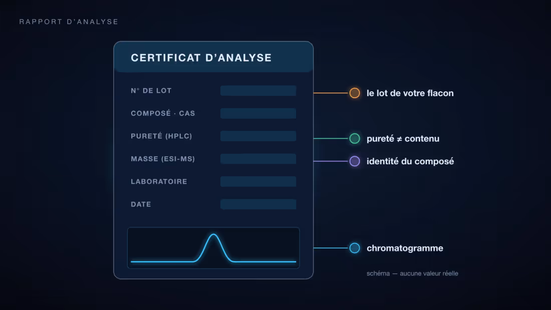 Schéma d'un certificat d'analyse : numéro de lot, composé et CAS, pureté HPLC, masse en ESI-MS, laboratoire, date et chromatogramme