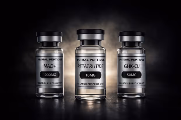 Flacons de matériaux de référence analytiques — NAD+, Retatrutide, GHK-Cu